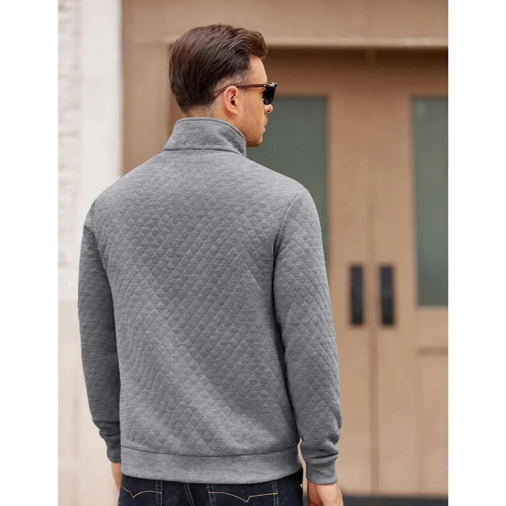 COOFANDY Men  Light Grey Zip Up Mock Neck Quilted Lightweight Sweater Jacket
